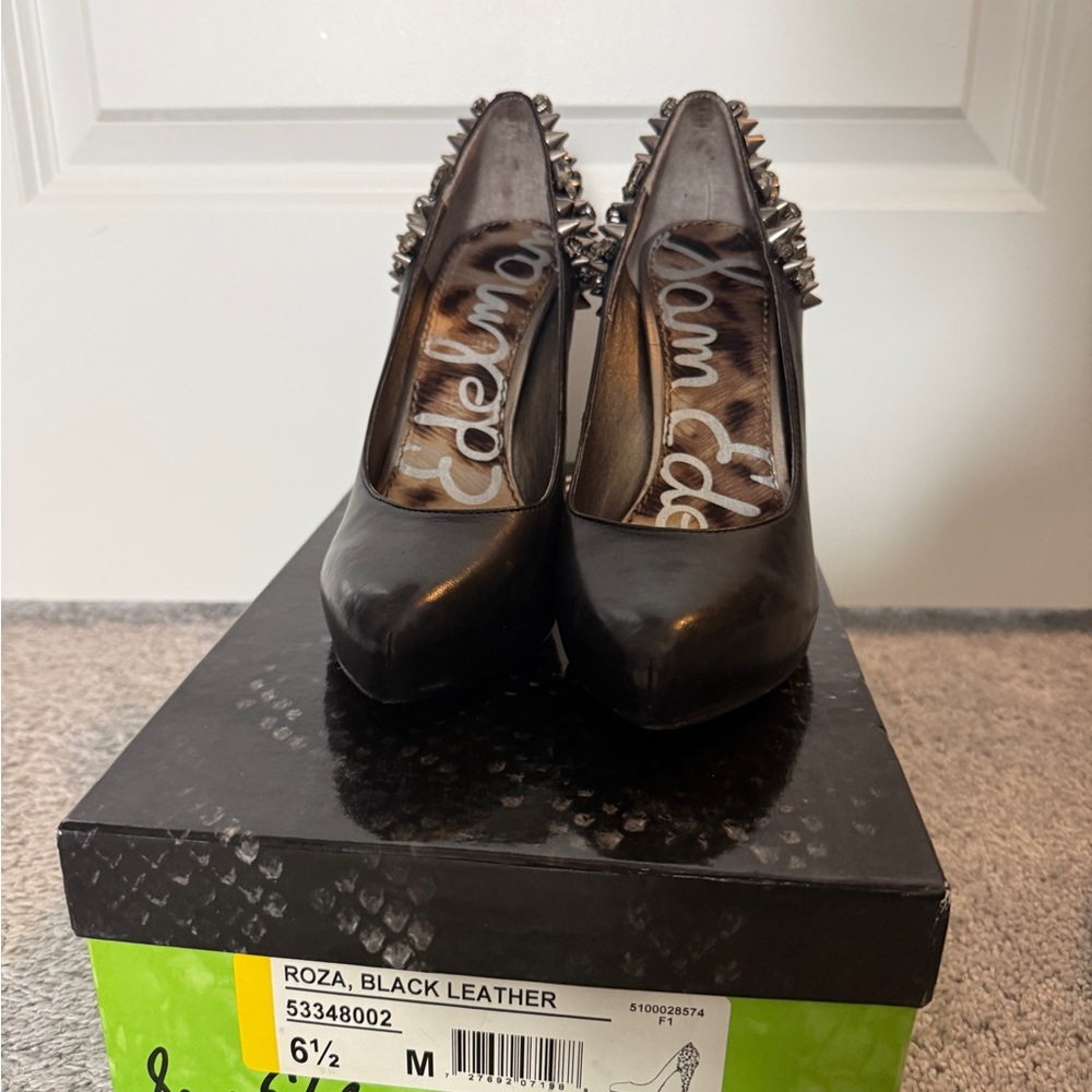 Sam Edelman Black Leather Studded Pointed-Toe Pumps